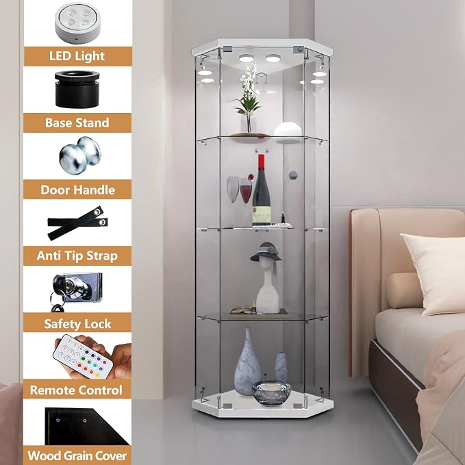 LFT HUIMEI2Y Glass Display Corner Cabinet 4-Shelf, Curio Cabinets Fast - Image 4