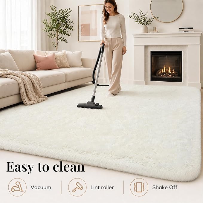 PLHXFR 9x12 Area Rugs Living Room: Fluffy Bedroom Rug Shag Carpet White | - Image 8