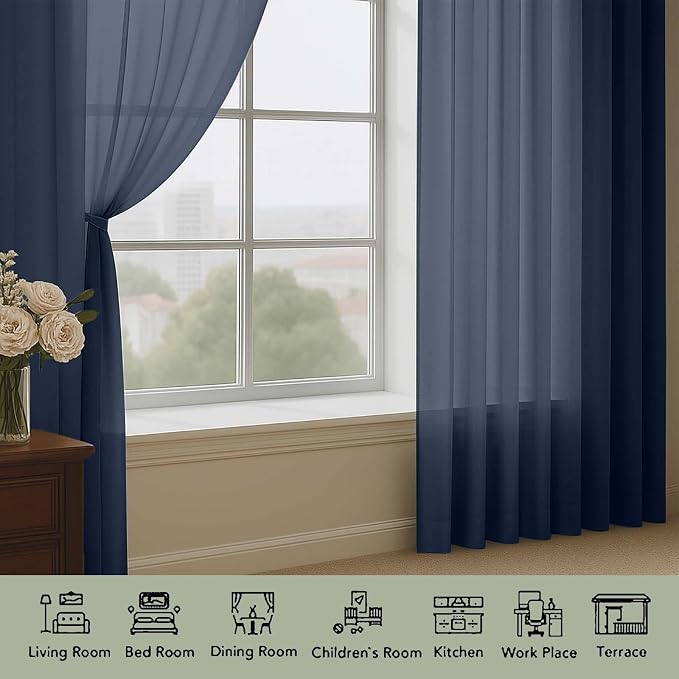 Sheer Navy Blue Curtains 108 Inches Long - Image 3