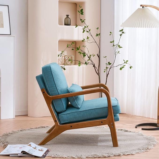 VINGLI Linen Teal Comfy Accent Chair, Mid Century Modern Lounge Armchair - Image 9