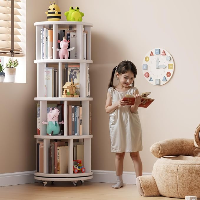Muwuele Solid Wood Rotating Bookshelf on Wheels, 4 Tier, Round Revolving - Image 3