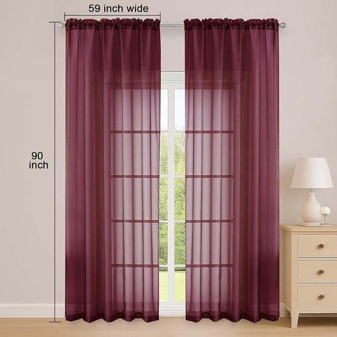 Sheer Curtains 84 Inches Long 2 Panels Set, Burgundy Sheer Curtain - Image 5
