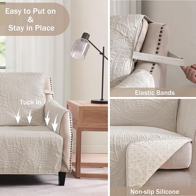 Beige Loveseat Covers for 2 Cushion Couch, Water-Repellent Quilted Covers for - Image 5
