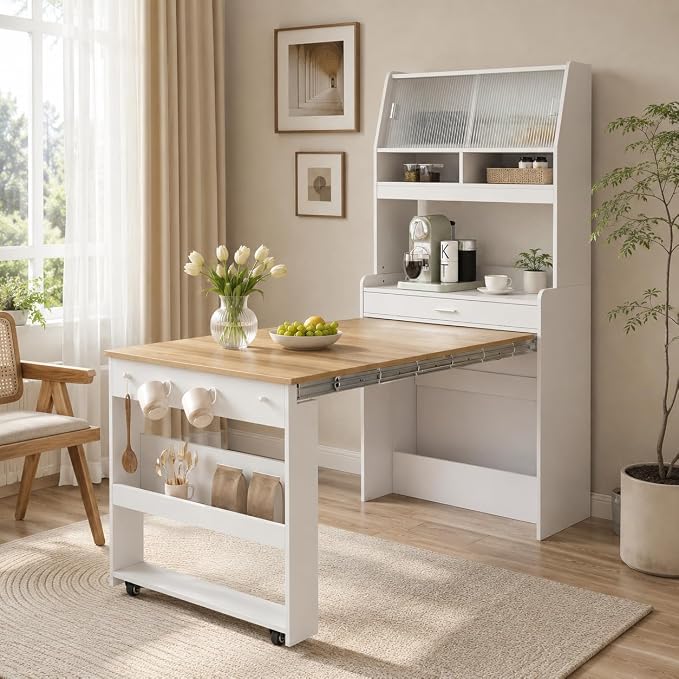 Kitchen Storage Cabinet with Hutch and Extendable Dining Table, 33.5" by Unknown