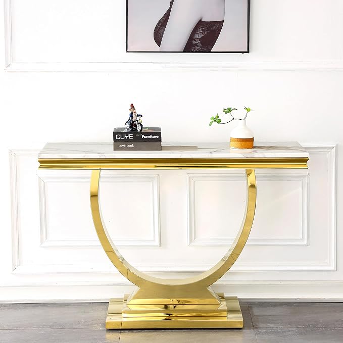 Henf 47" Marble Console Table Modern White Faux Marble Entryway Table - Image 3