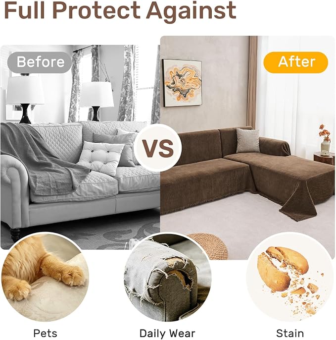 2 Pieces Sectional Couch Covers L Shaped Cover L Coffee | Thick Washable Fabric - Image 4