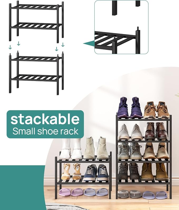 viewcare Black Small Shoe Rack for Entryway, 2-Tier Bamboo Shoe Organizer for - Image 4