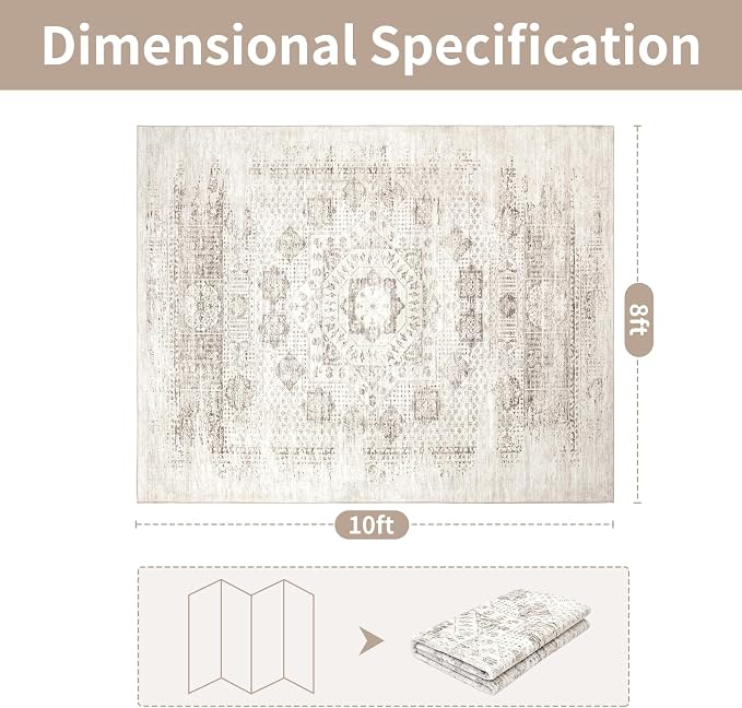 8x10 Boho Washable Area Rug for Living Room, Dining Room-Beige Brown | Neutral - Image 2