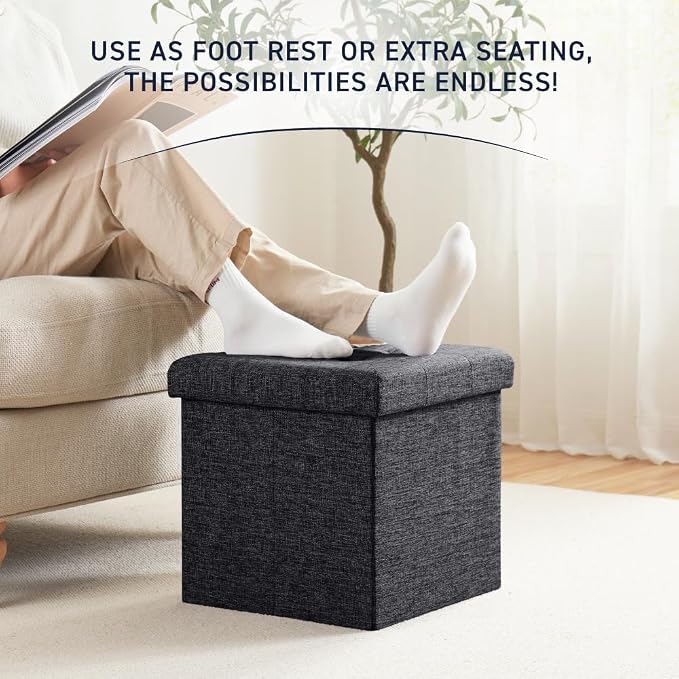 Ornavo Home 2 Pack 15 Inch Folding Storage Ottoman, Square Cube Linen Small - Image 5