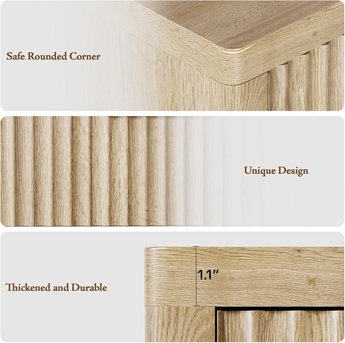 Night Stand with 3 Drawers, Fluted Bed Side End Table with Metal Handle - Image 6