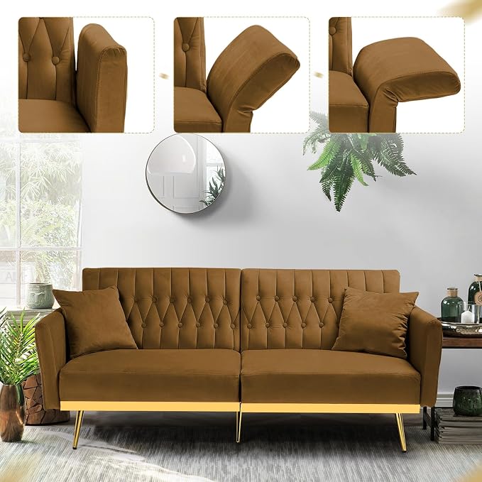 70” Velvet Futon Sofa Bed with 2 Pillows and Adjustable Armrests, Convertible - Image 5