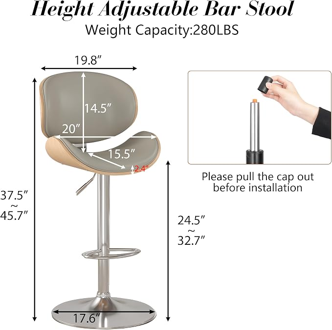 KCC Bar Stools Set of 2, Swivel Adjustable Height Barstools, PU Leather - Image 3