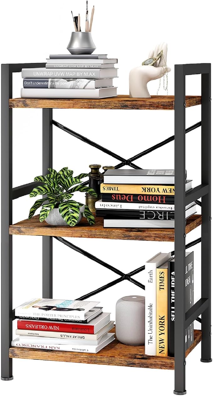 Homeiju Bookshelf, 3 Tier Industrial Bookcase, Metal Small Bookcase, Rustic by Homeiju