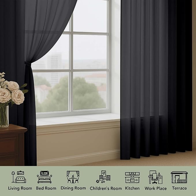 Extra Long Black Sheer Curtains 144 inch 2 Panels Set, Translucent Backdrop - Image 6