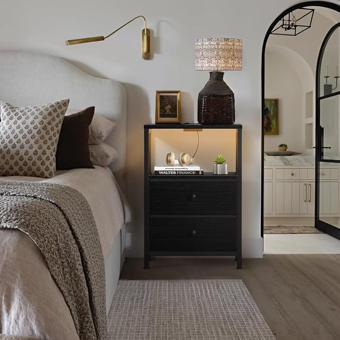 BOLUO Black Nightstand with Charging Station, LED Night Stand with 2 Fabric - Image 2