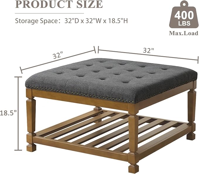 Befurtori Large Square Ottoman Coffee Table, Linen Solid Upholstered Footrest - Image 2
