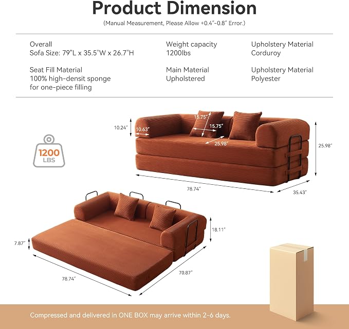 Convertible Sleeper Sofa with 2 Pillow, Modern Corduroy Futon Bed, Modular Sofa - Image 2