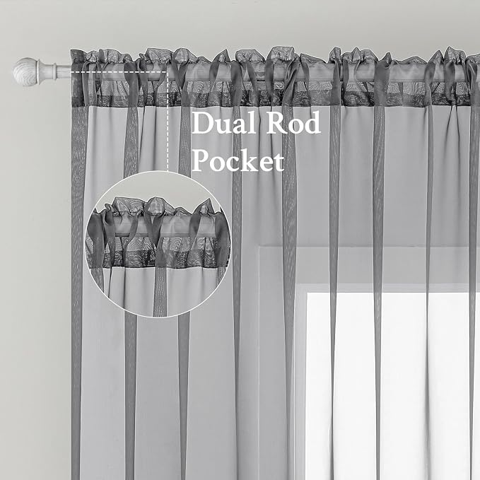 MIULEE Charcoal Grey Sheer Curtains 54 X 72 Inches, 2 Panels | Solid Color - Image 2