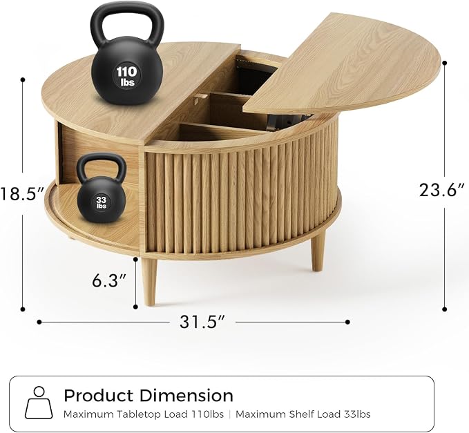 Round Coffee Table with Storage, Fluted Lift Top Coffee Table - Image 2