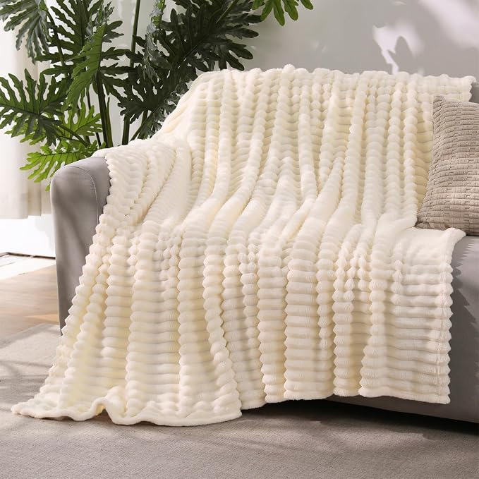 Beige Throw Blanket for Couch Sofa 50”x60” Striped Design | Fleece Blankets by Unknown