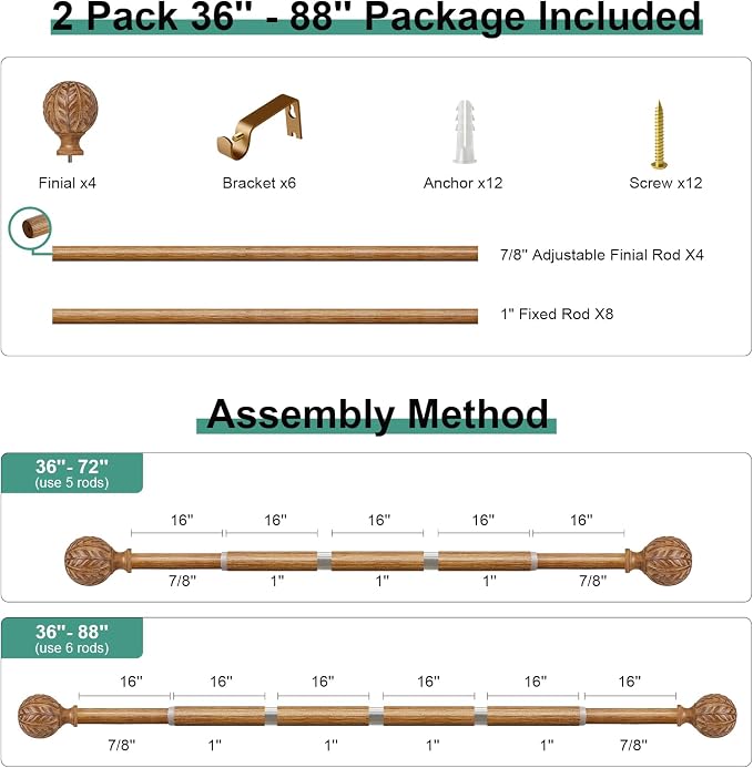 QDWIS 2 Pack Boho Wood Curtain Rods - Image 8