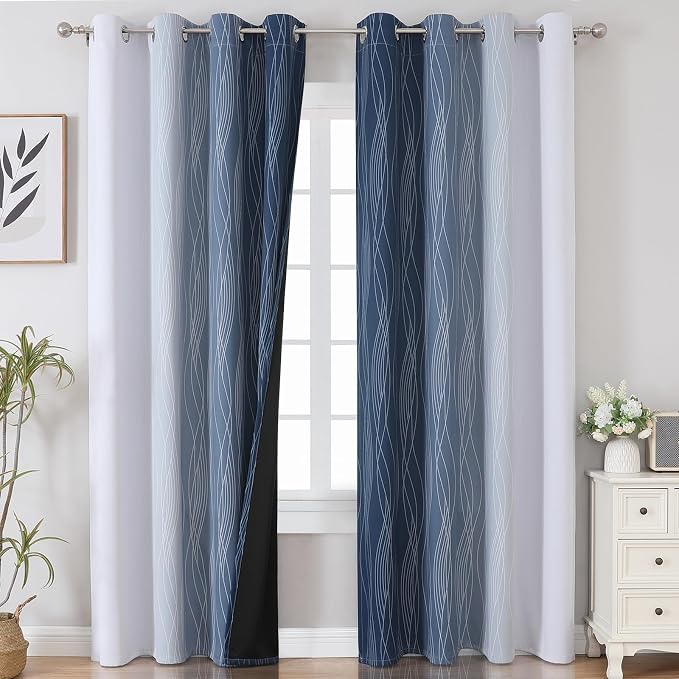 Navy Blue and Greyish White Blackout Curtains - Image 2