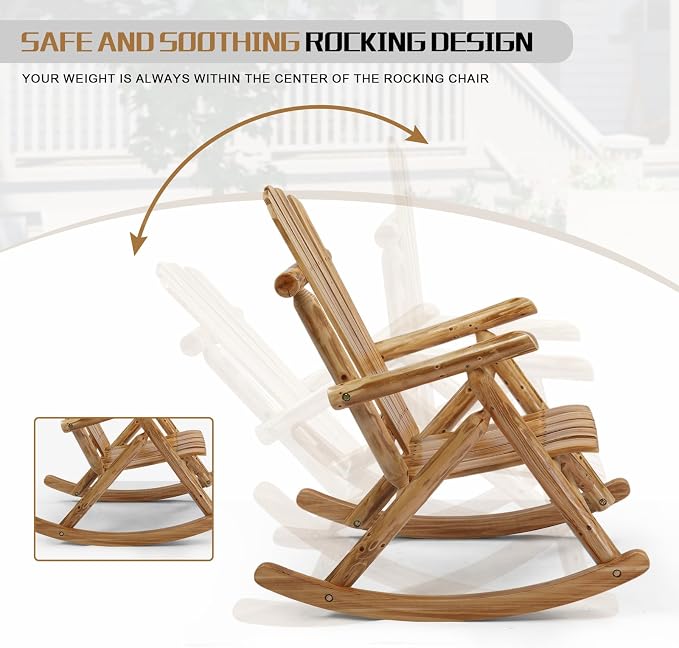 Outvita Wooden Rocking Chair, Fir Log Adirondack Rocker, Outdoor Wood Accent - Image 7
