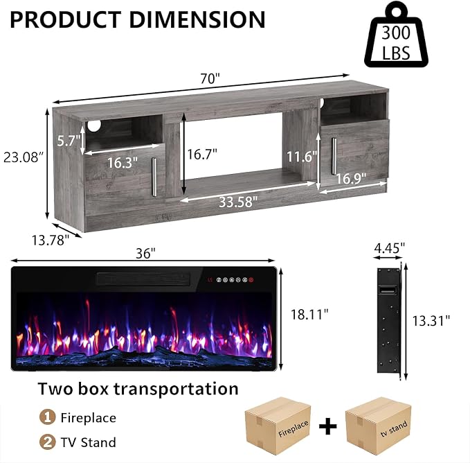 PRETZI Fireplace TV Stand with 36" Fireplace Up to 80" TVs, Remote Control - Image 2
