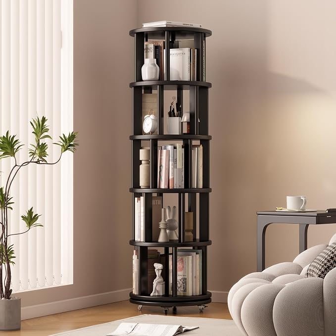 Muwuele Solid Wood Rotating Bookshelf on Wheels, 5 Tier, Round Revolving by Muwuele