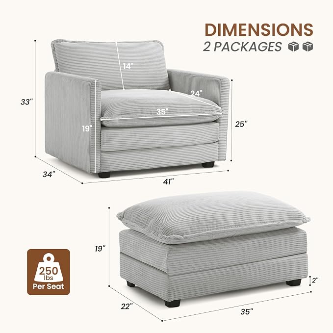 ROWHY Single Armchair with Ottoman, Modern Corduroy Cloud Couch with - Image 2