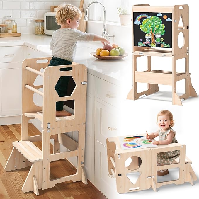 Woodure 4-in-1 Toddler Kitchen Step Stool, Foldable Learning Standing Tower by CraftingNatureandComforts