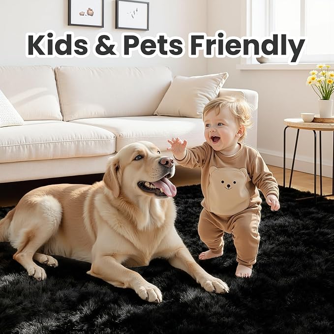 9x12 Fluffy Shag Area Rugs for Living Room Bedroom: Soft Plush Carpet Black | - Image 4