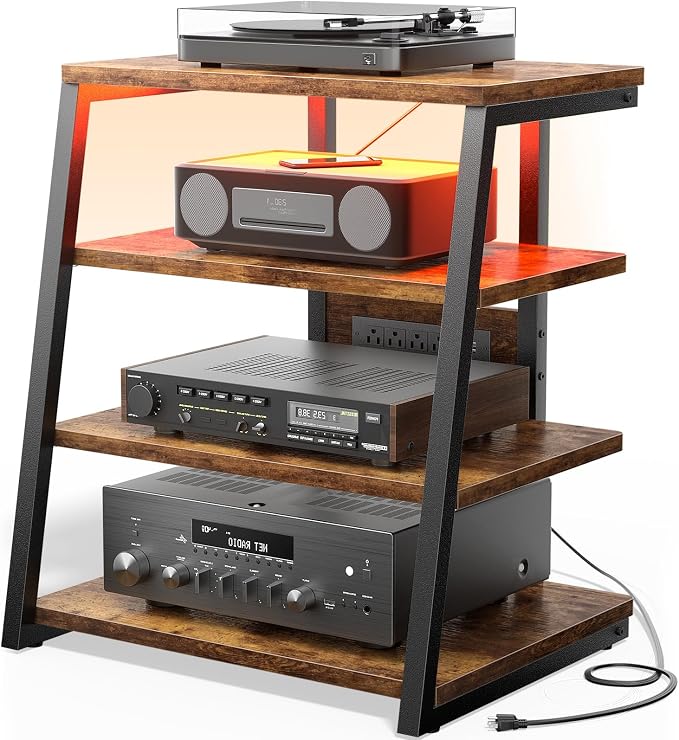 AV Media Stand with Outlets, Stereo Stands and Racks with Vinyl Storage by Besiost