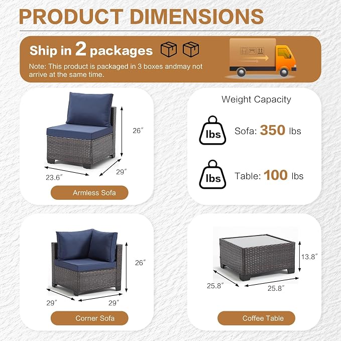 MOCHITO 7 Pieces Outdoor Patio Furniture Sets, All-Weather Sectional Sofa Dark - Image 5