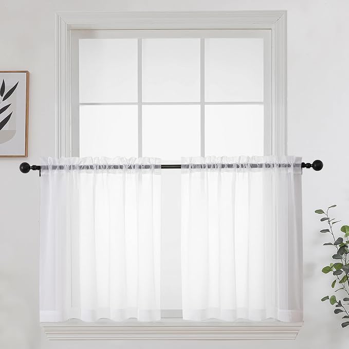 White Short Sheer Curtains 24 Inches Long 2 Panels Set by OWENIE