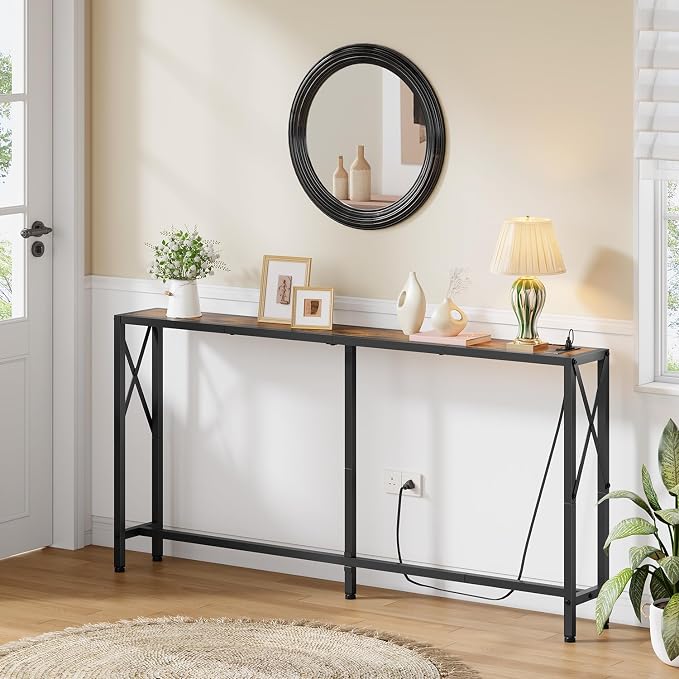 Gewudraw Console Table with Oulets and USB Ports, 55.1" Sofa Table Behind Couch - Image 2