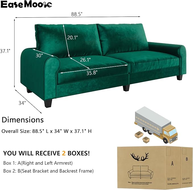 EASE MOOSE 88.5" Large Seat Velvet Loveseat Sofa, Soft Deep Seat Couches - Image 2