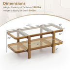 Giantex Rattan Coffee Table, 47.5" Rectangle Solid Wood Tea Table w/Tempered - Image 2