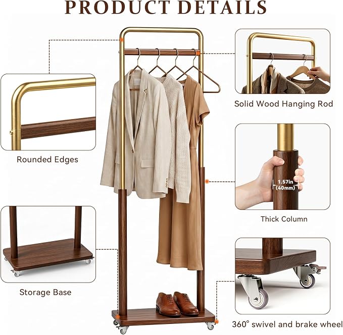 Taitiy Clothes Rack Solid Wood Coat Rack, Metal and Solid Wood Combination - Image 4