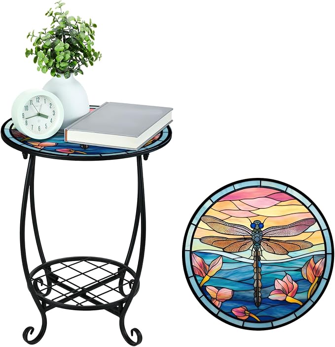 Cinnvoice Outdoor Side Table Round Small Mosaic Patio Accent Indoor End Plant - Image 6
