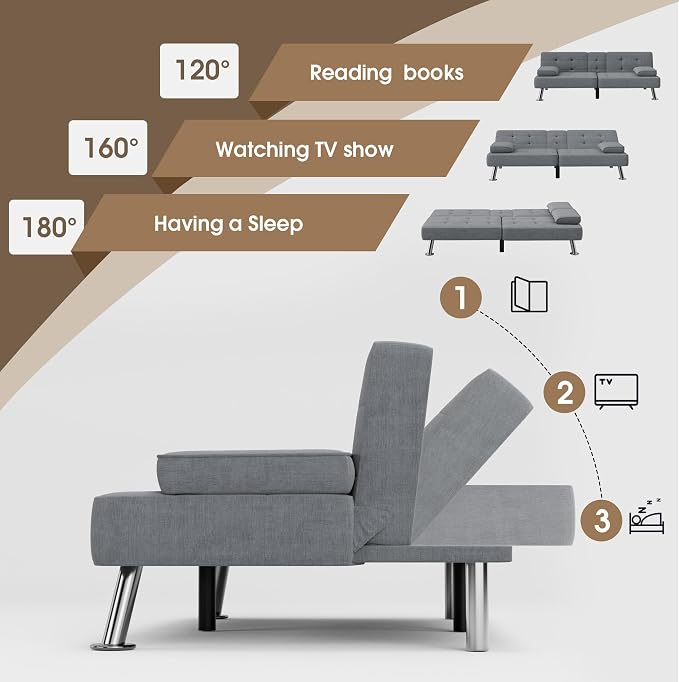 Flamaker Futon Sofa Bed Modern Folding Futon Set Linen Fabric Convertible - Image 4