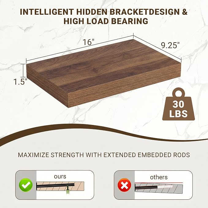 Acovy 16 Inch Floating Shelves, Wooden Shelves - Image 3