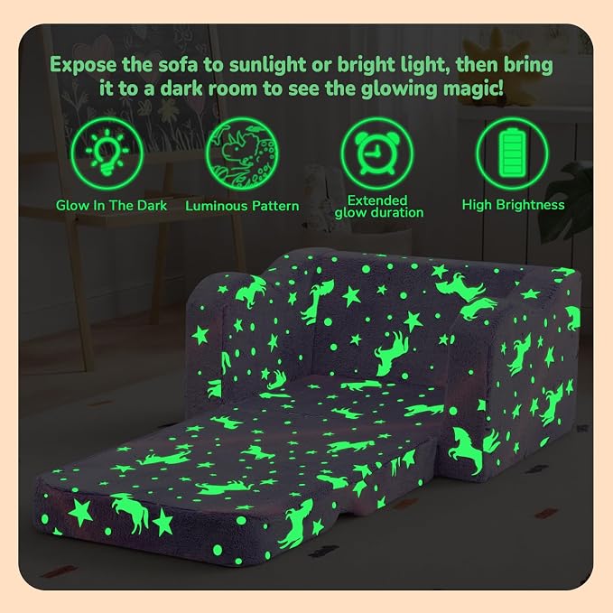 MeMoreCool Glowing Lavender Unicorn Kids Chair, 2-in-1 Convertible Kids Couch - Image 4