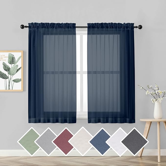 Sheer Curtains 45 inches Long for Kitchen Curtains, Rod Pocket Clean Selvedge by OVZME