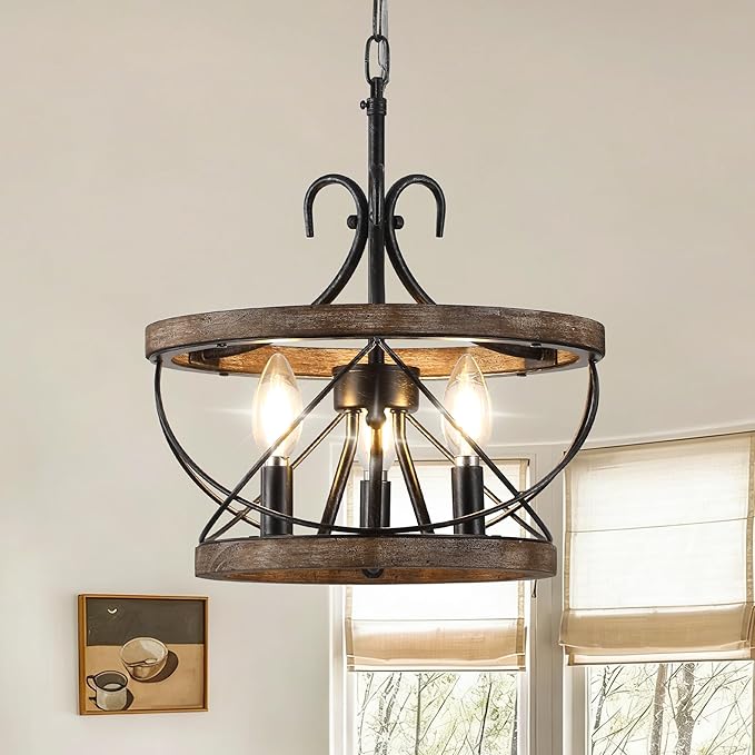 12.9 Inch Farmhouse Chandelier for Dining Room Wood Drum Chandelier Light by DawnWhisper