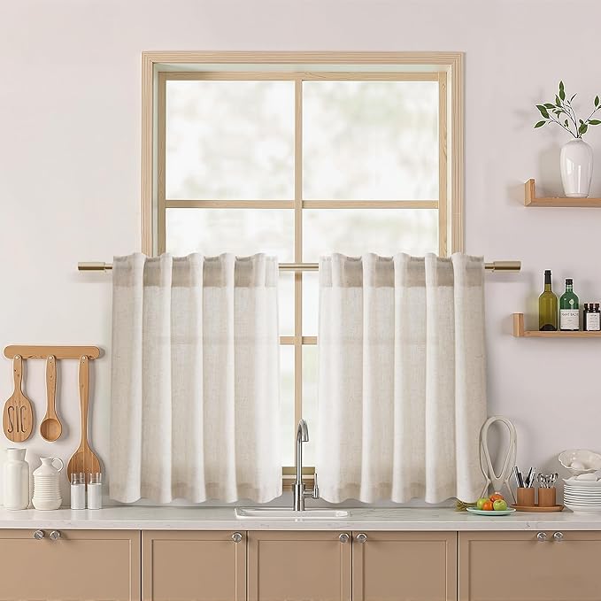 Beige Cafe Curtains 24 Inch Length Linen Blend Privacy Cortinas para Cocina by Nanspring