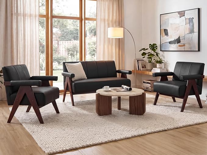 STHOUYN Black Leather Loveseat Sofa and Accent Chairs Set of 2, Mid-Century by STHOUYN