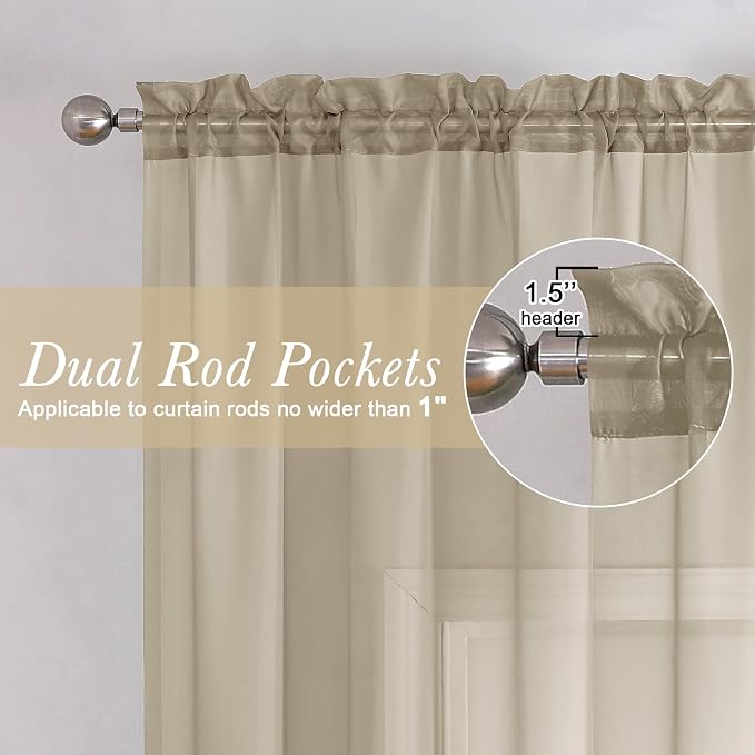Taupe Sheer Curtains 54 Inch Length 2 Panels Set, Balance Light & Privacy Solid - Image 2