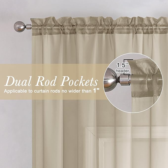 Taupe Sheer Curtains 63 Inch Length 2 Panels, Airy & Breathable Solid Voile Tan - Image 2