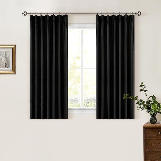 Black Pinch Pleated Black Out Linen 45 Inch Curtains by Twodrapes